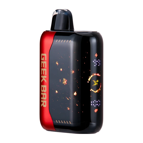Close-up of Geek Bar Meloso 30K display showing e-liquid and battery levels